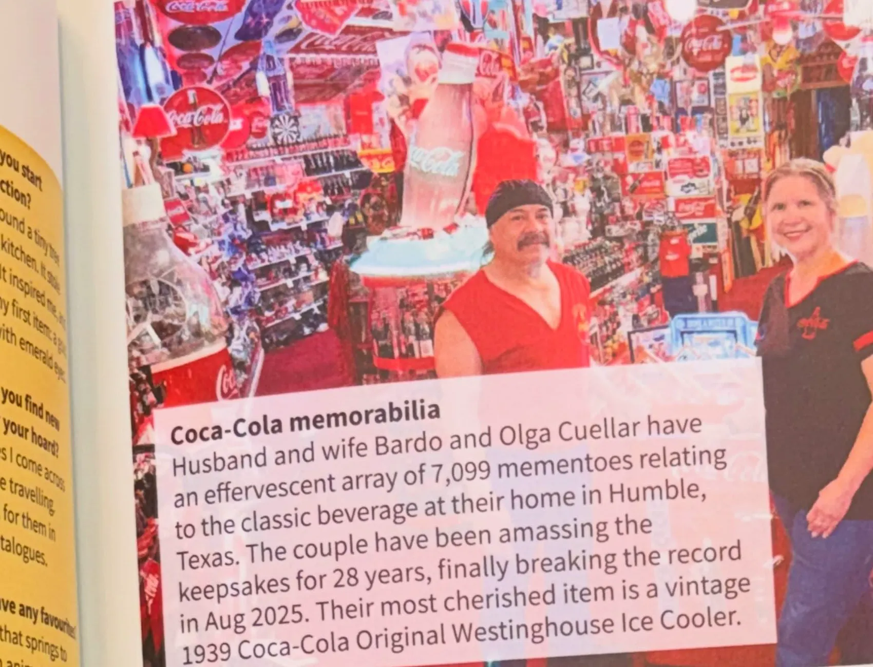 The Coca-Cola memorabilia entry in Guinness World Records 2027, with a photo of Bardo and Olga Cuellar in their Coca-Cola room