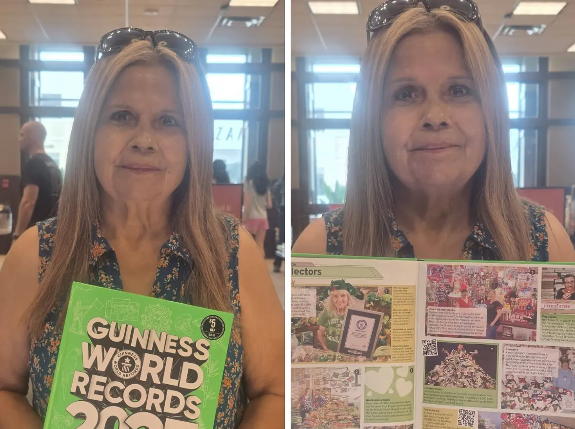 Olga's sister Maria holding her own copy of Guinness World Records 2027, then showing the Cuellars' page